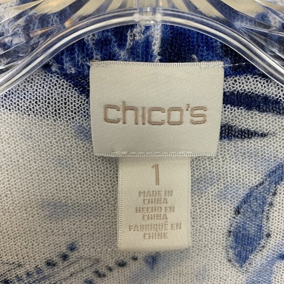 Chicos Womens Cardigan Sweater 1 M Paisley Blue White Waterfall Lightweight Boho - Picture 2 of 14